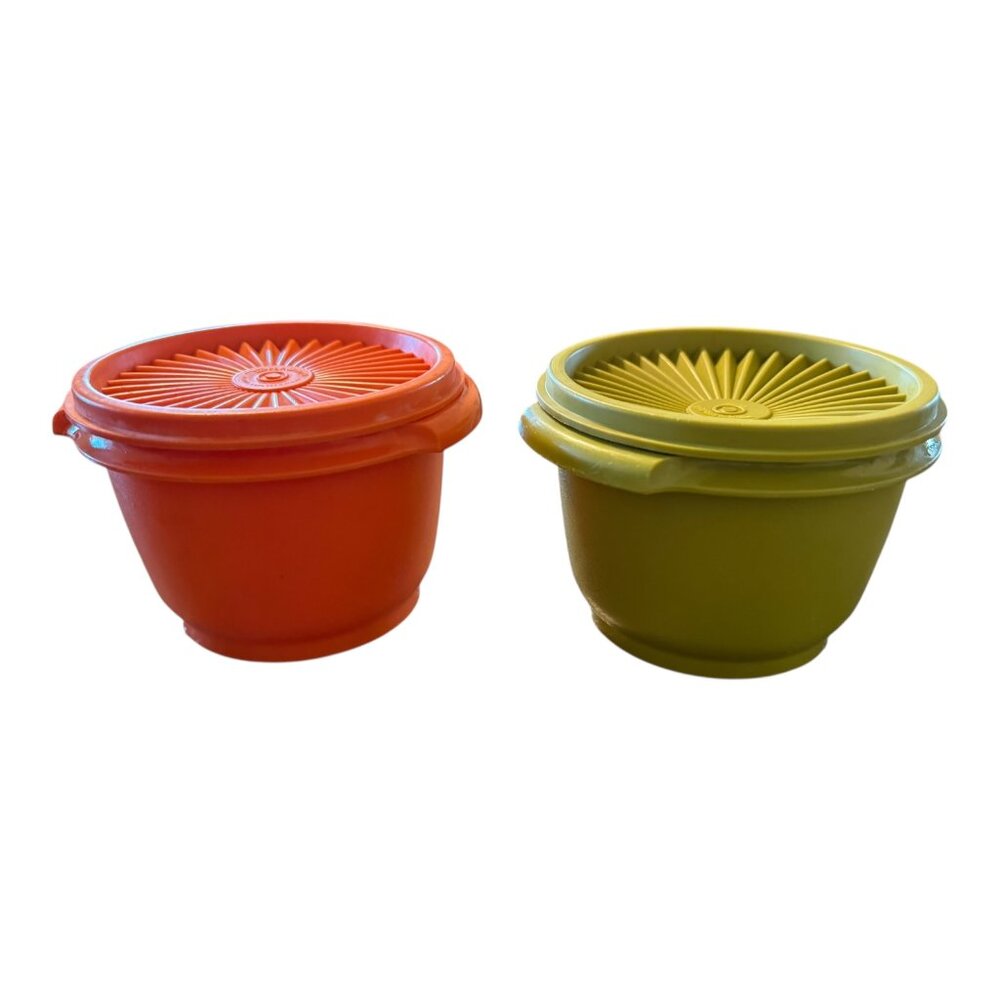 2 Tupperware 886 Burnt Orange & Avocado Green Servalier Bowl Set & Lids Vintage